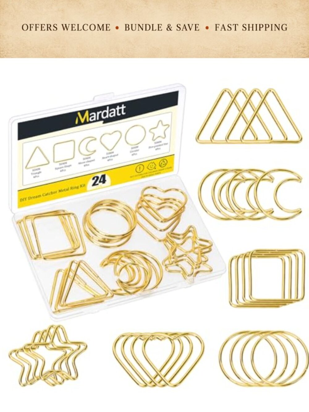 24pc Macrame Hoop Ring Kit 50mm Metal Wreath Dream Catcher DIY Craft Set